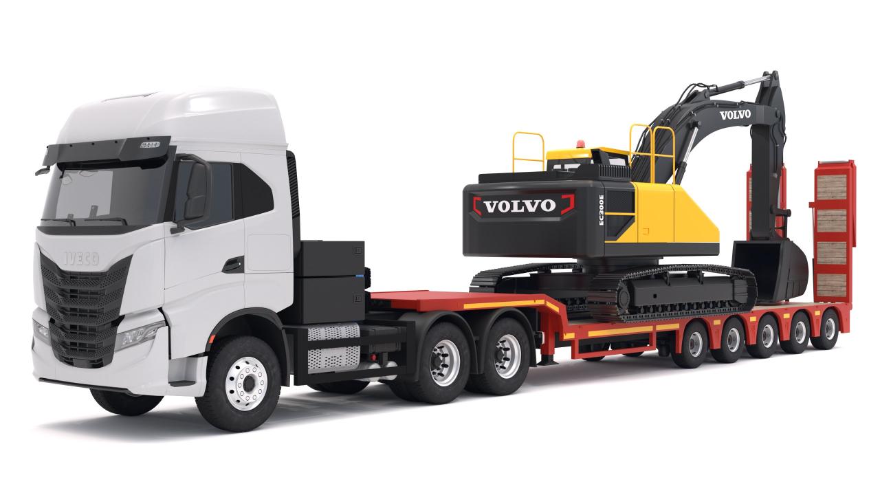 Iveco S-WAY Tractor and Lowboy Trailer with Excavator Volvo EC300E 3d models