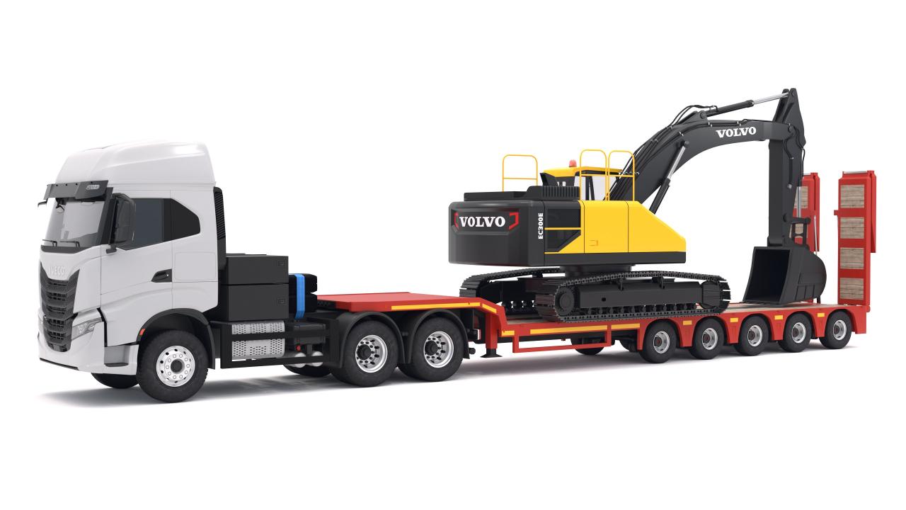 Iveco S-WAY Tractor and Lowboy Trailer with Excavator Volvo EC300E 3d models
