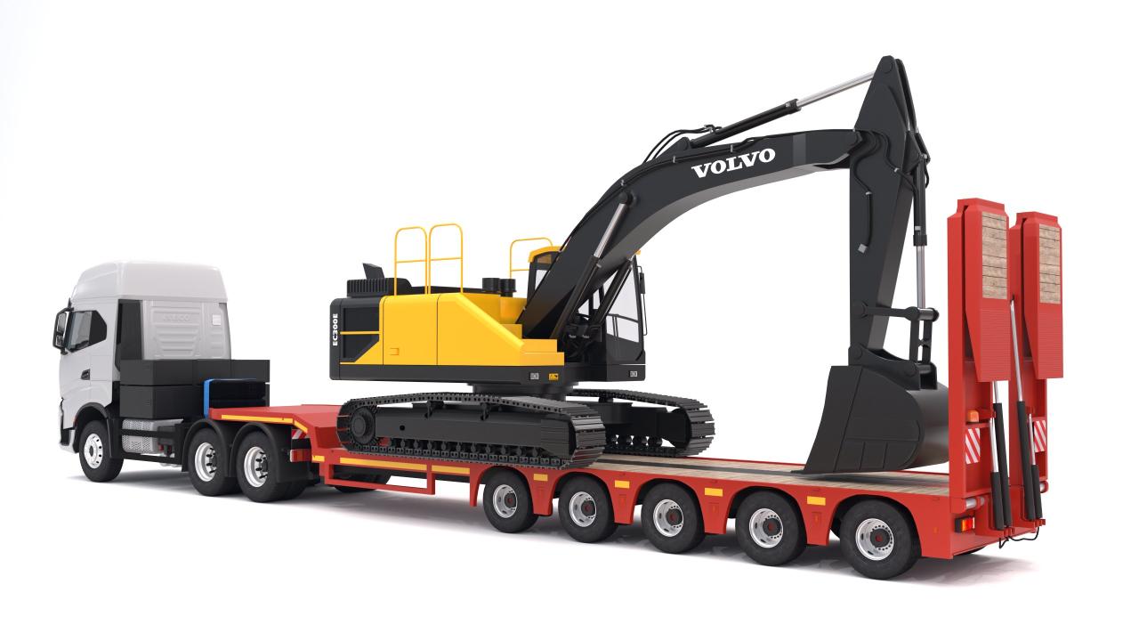 Iveco S-WAY Tractor and Lowboy Trailer with Excavator Volvo EC300E 3d models