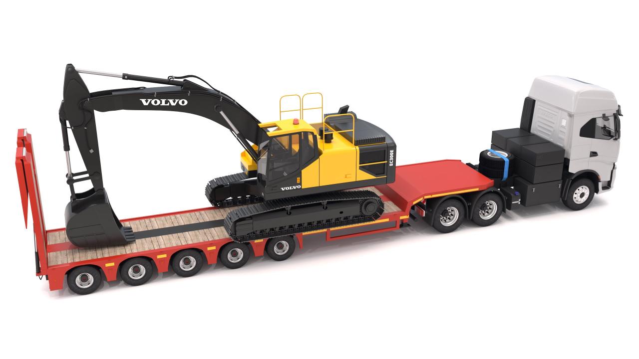 Iveco S-WAY Tractor and Lowboy Trailer with Excavator Volvo EC300E 3d models