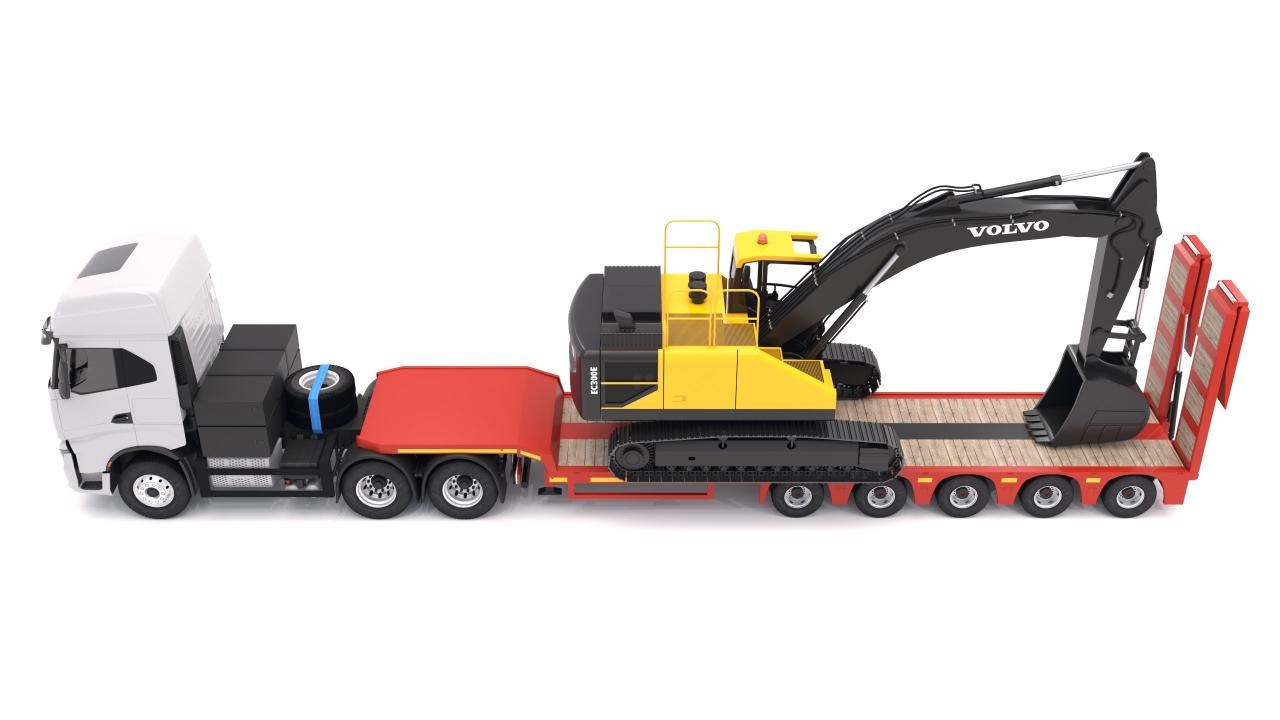 Iveco S-WAY Tractor and Lowboy Trailer with Excavator Volvo EC300E 3d models