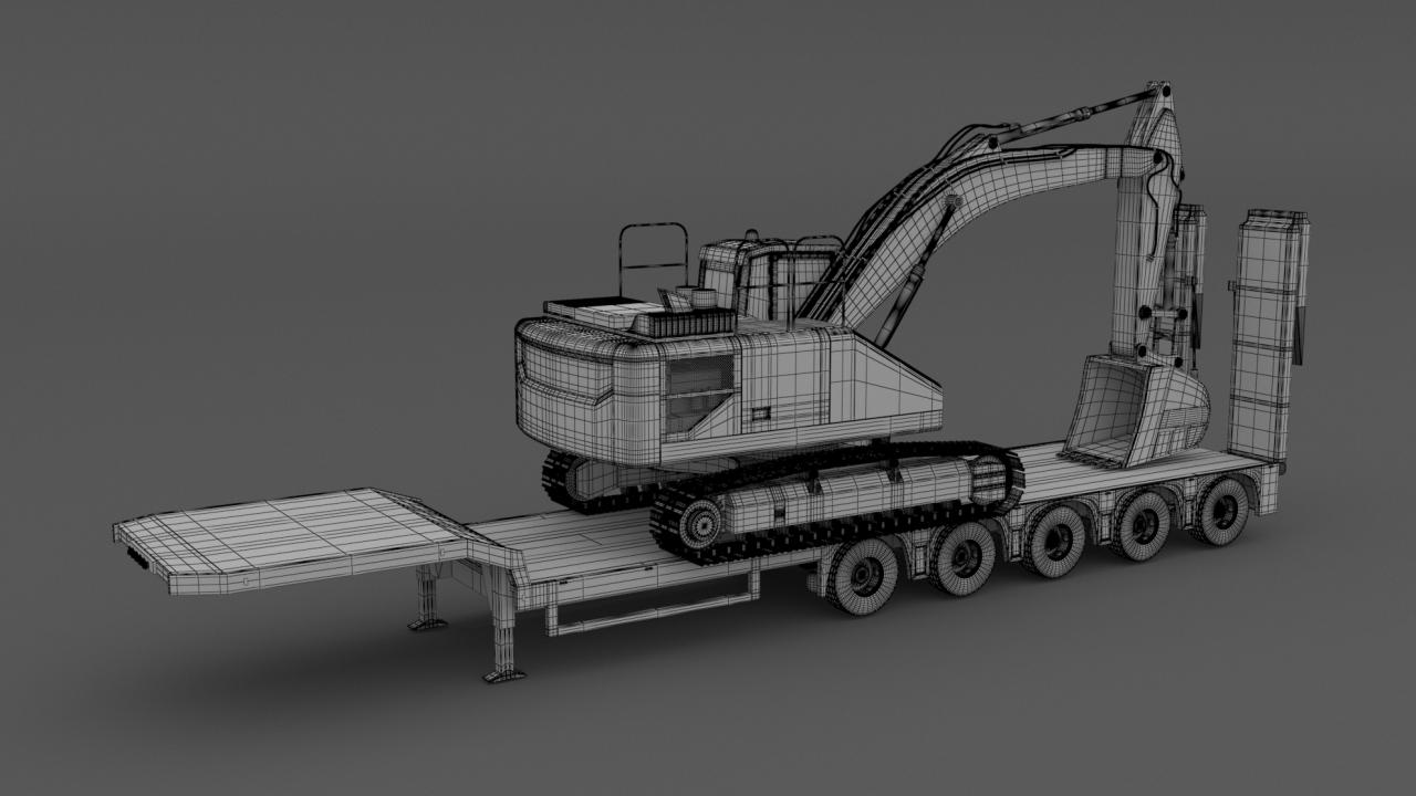 Iveco S-WAY Tractor and Lowboy Trailer with Excavator Volvo EC300E 3d models