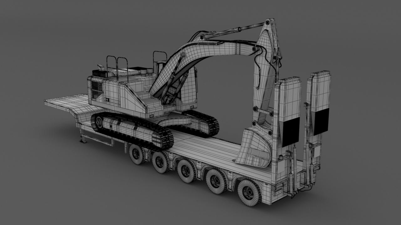 Iveco S-WAY Tractor and Lowboy Trailer with Excavator Volvo EC300E 3d models