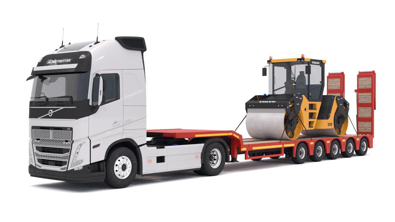 Volvo fh16 2021 and Lowboy Trailer with Volvo DD105 Road Roller Compactor 3d models
