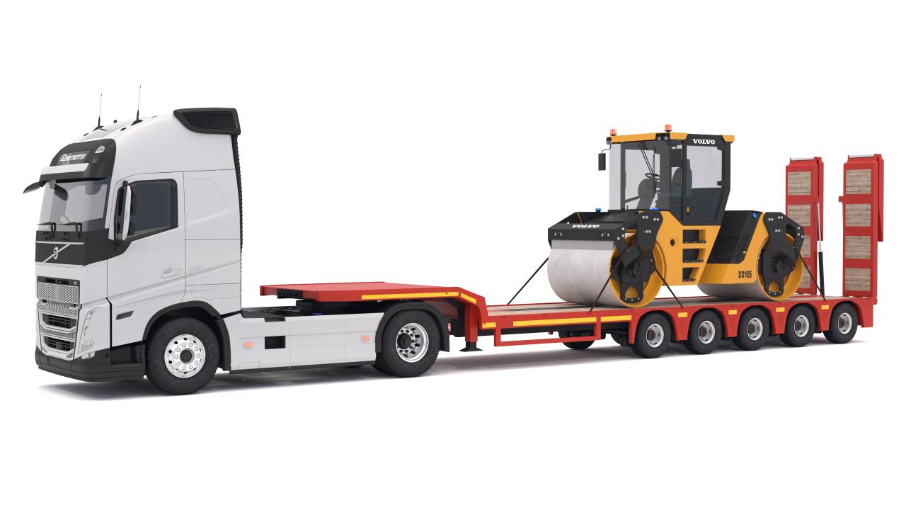 Volvo fh16 2021 and Lowboy Trailer with Volvo DD105 Road Roller Compactor 3d models