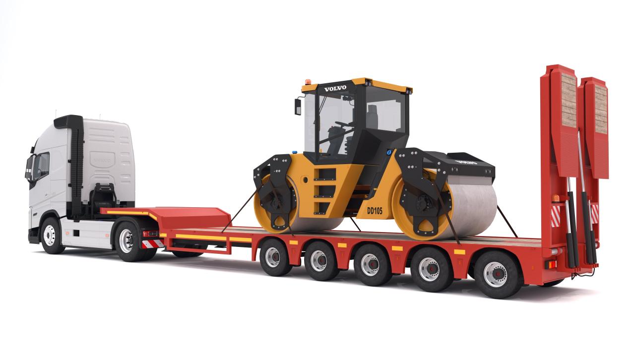 Volvo fh16 2021 and Lowboy Trailer with Volvo DD105 Road Roller Compactor 3d models