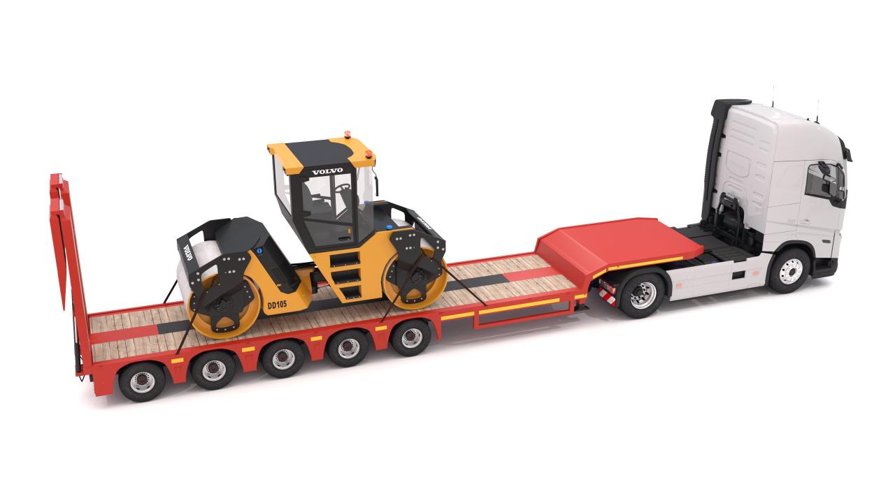 Volvo fh16 2021 and Lowboy Trailer with Volvo DD105 Road Roller Compactor 3d models
