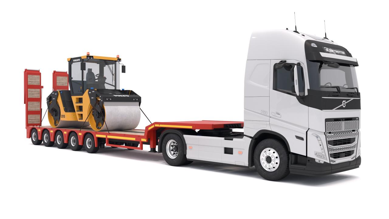 Volvo fh16 2021 and Lowboy Trailer with Volvo DD105 Road Roller Compactor 3d models