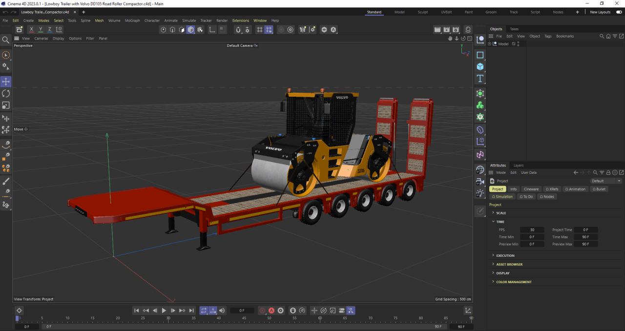 Volvo fh16 2021 and Lowboy Trailer with Volvo DD105 Road Roller Compactor 3d models