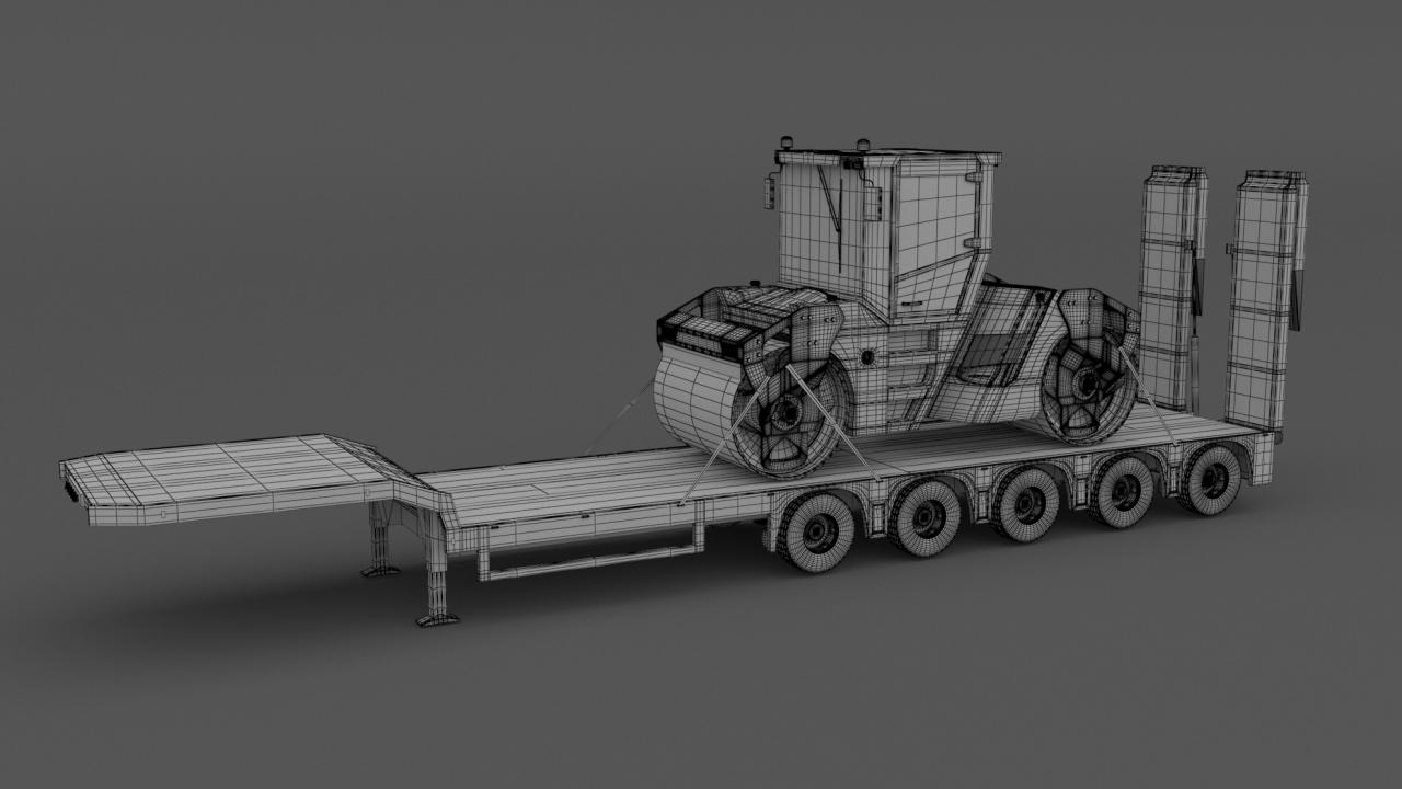 Volvo fh16 2021 and Lowboy Trailer with Volvo DD105 Road Roller Compactor 3d models