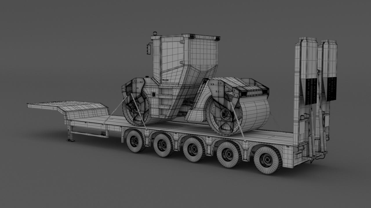 Volvo fh16 2021 and Lowboy Trailer with Volvo DD105 Road Roller Compactor 3d models