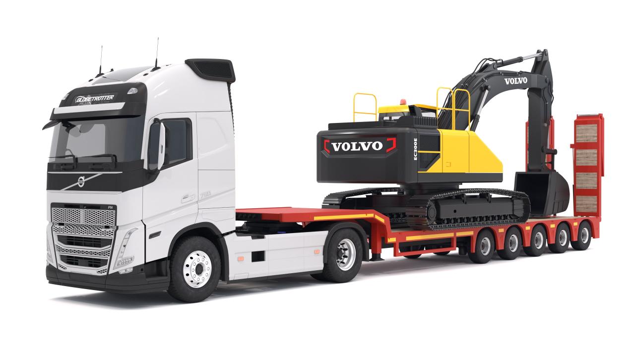 Volvo fh16 2021 and Lowboy Trailer with EC300E Excavator 3d models
