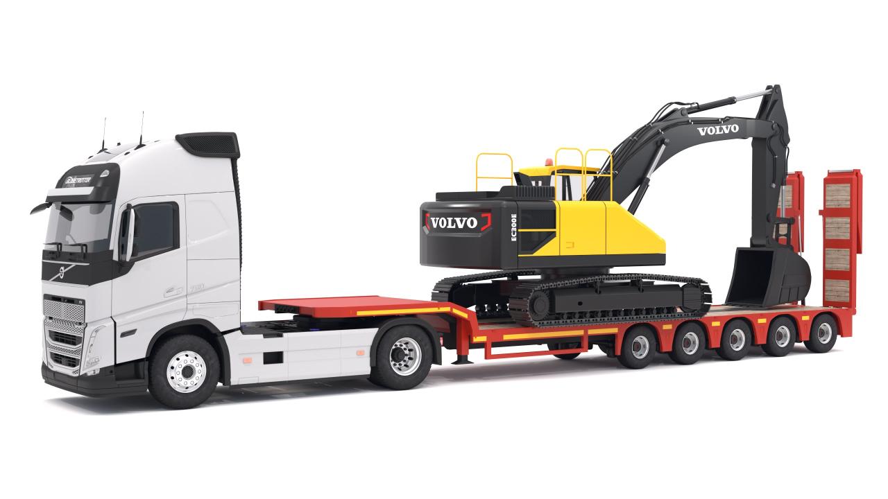 Volvo fh16 2021 and Lowboy Trailer with EC300E Excavator 3d models