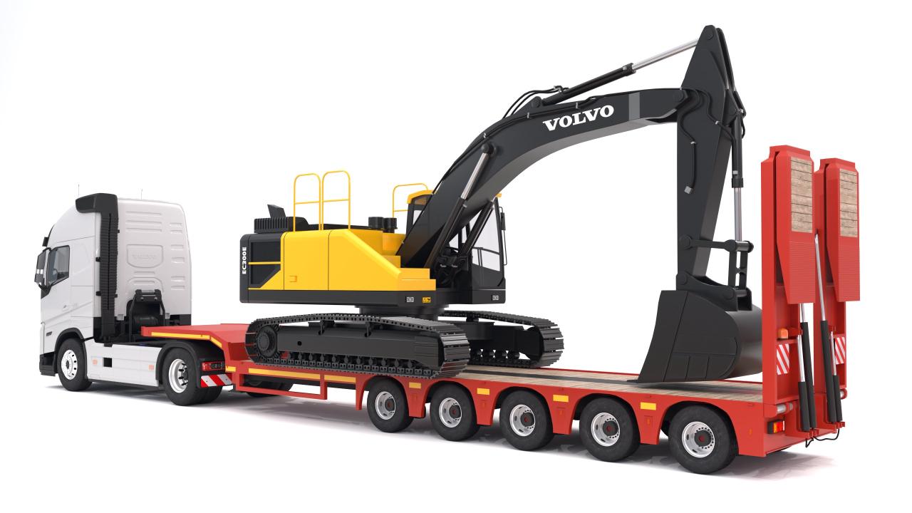 Volvo fh16 2021 and Lowboy Trailer with EC300E Excavator 3d models