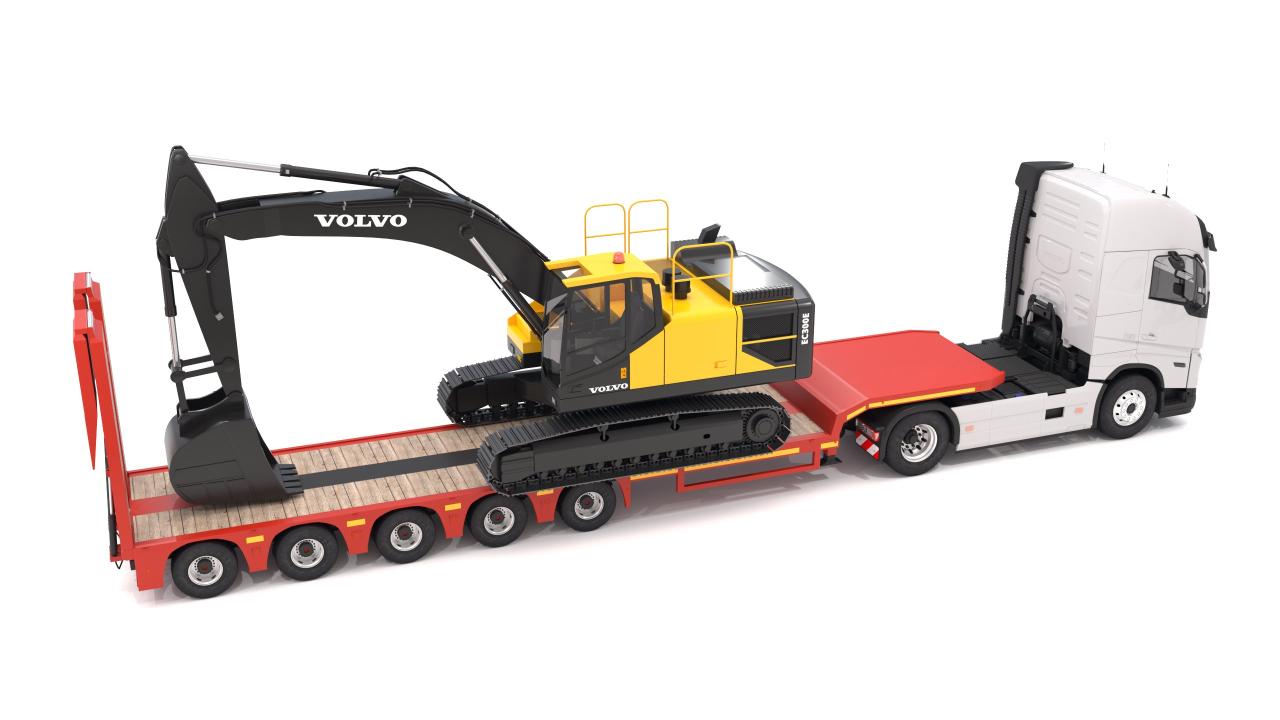 Volvo fh16 2021 and Lowboy Trailer with EC300E Excavator 3d models
