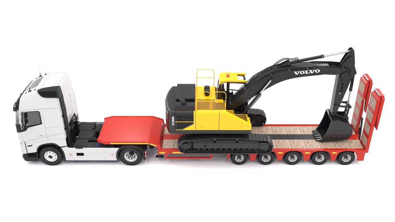 Volvo fh16 2021 and Lowboy Trailer with EC300E Excavator 3d models