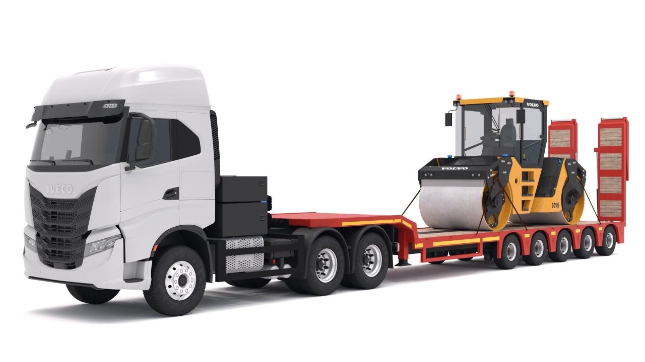 Iveco S-WAY Tractor and Lowboy Trailer with Volvo DD105 Road Roller Compactor 3d models
