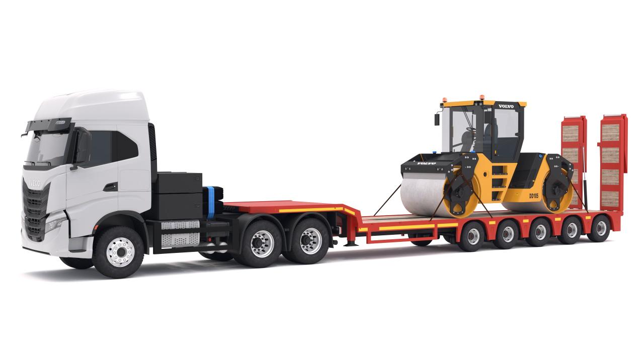 Iveco S-WAY Tractor and Lowboy Trailer with Volvo DD105 Road Roller Compactor 3d models