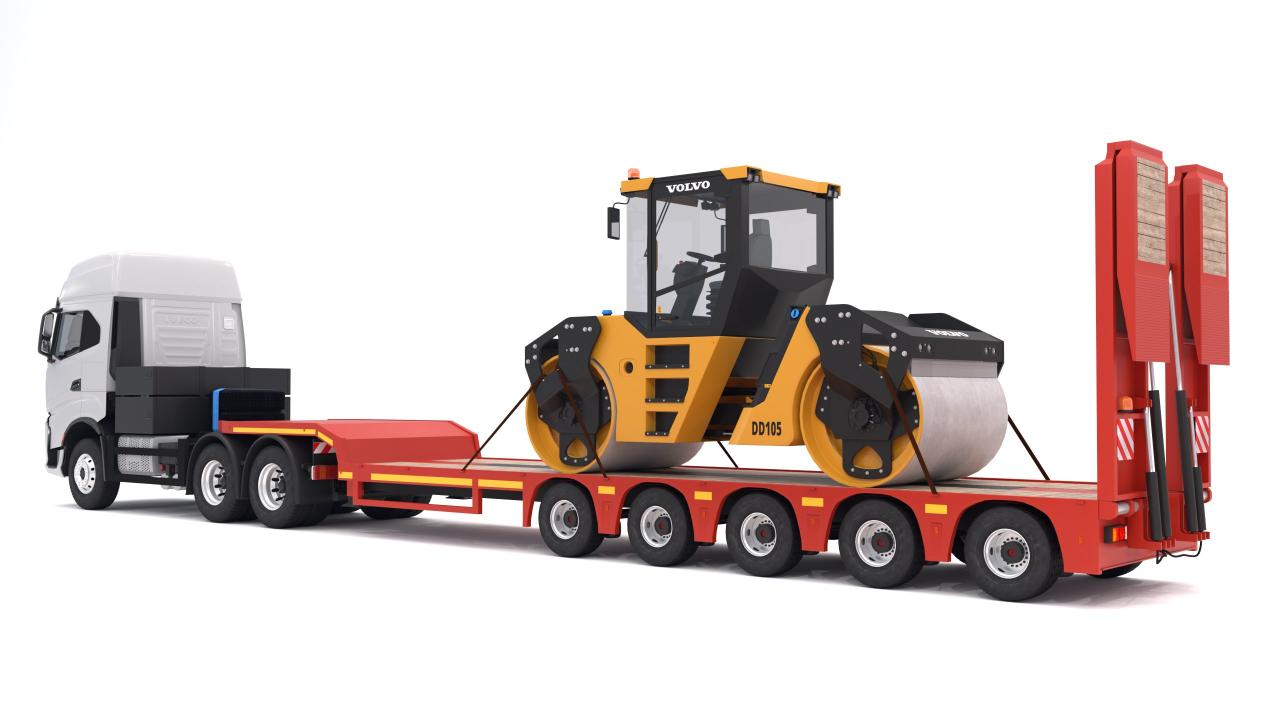 Iveco S-WAY Tractor and Lowboy Trailer with Volvo DD105 Road Roller Compactor 3d models
