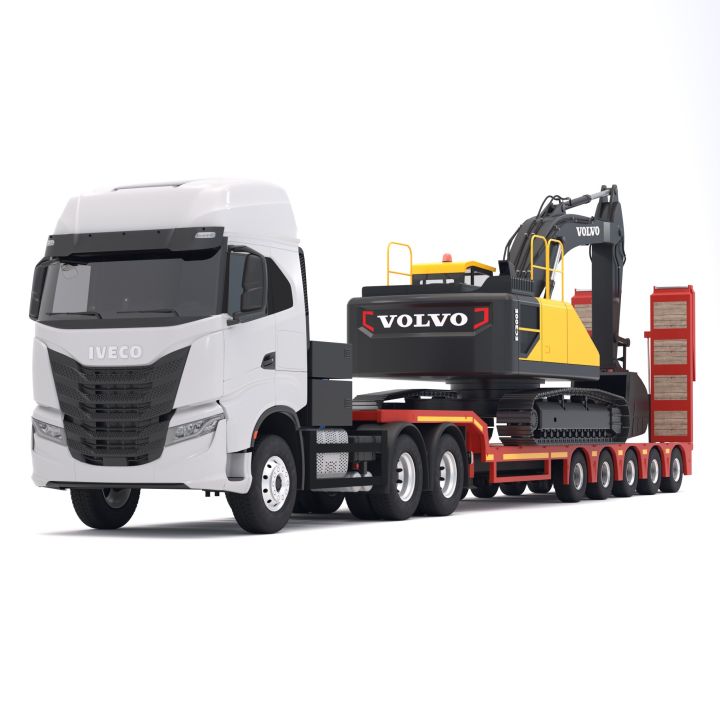 Iveco S-WAY Tractor and Lowboy Trailer with Excavator Volvo EC300E 3d models