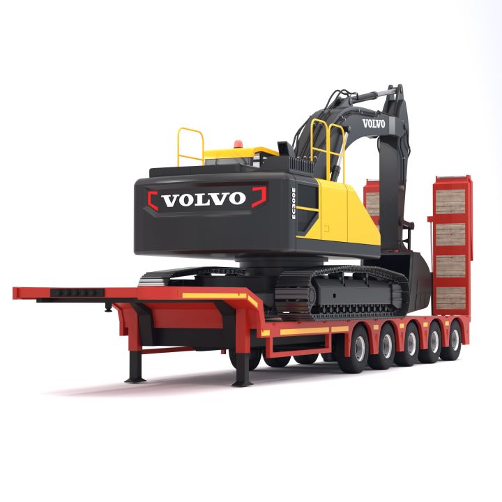 Lowboy Trailer with Excavator Volvo EC300E 3d models