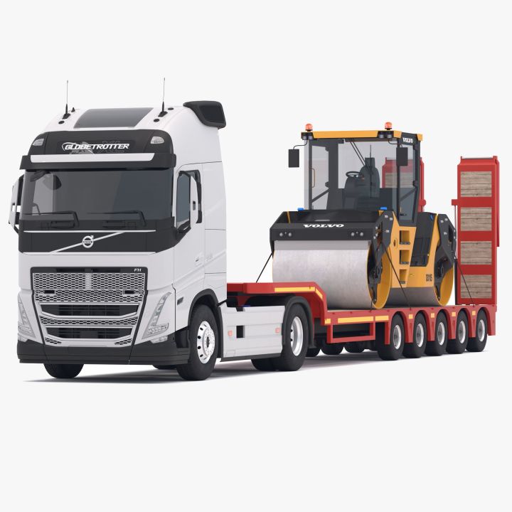 Volvo fh16 2021 and Lowboy Trailer with Volvo DD105 Road Roller Compactor 3d models