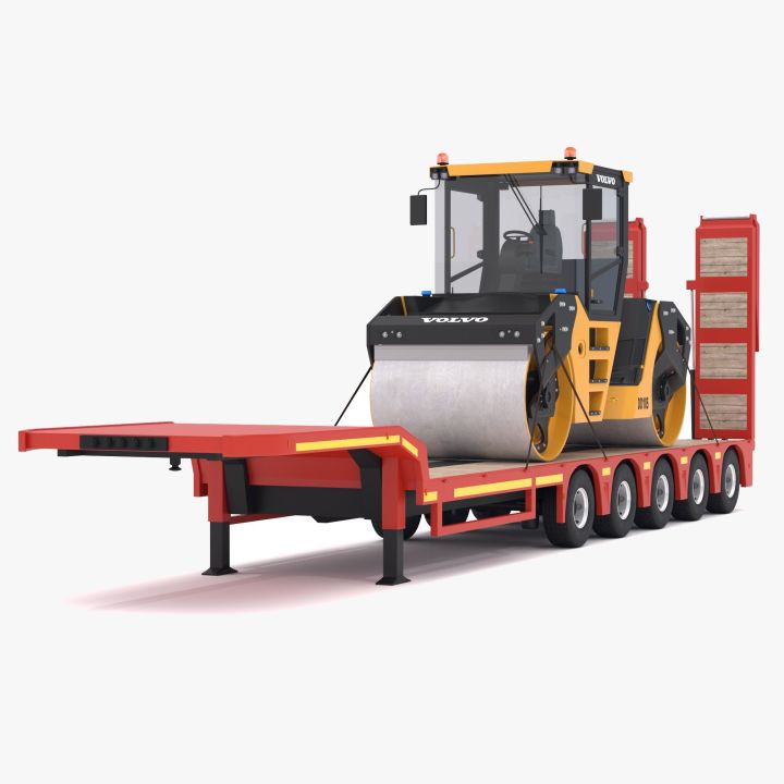 Lowboy Trailer with Volvo DD105 Road Roller Compactor 3d models