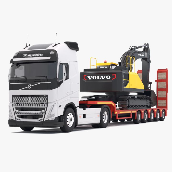 Volvo fh16 2021 and Lowboy Trailer with EC300E Excavator 3d models