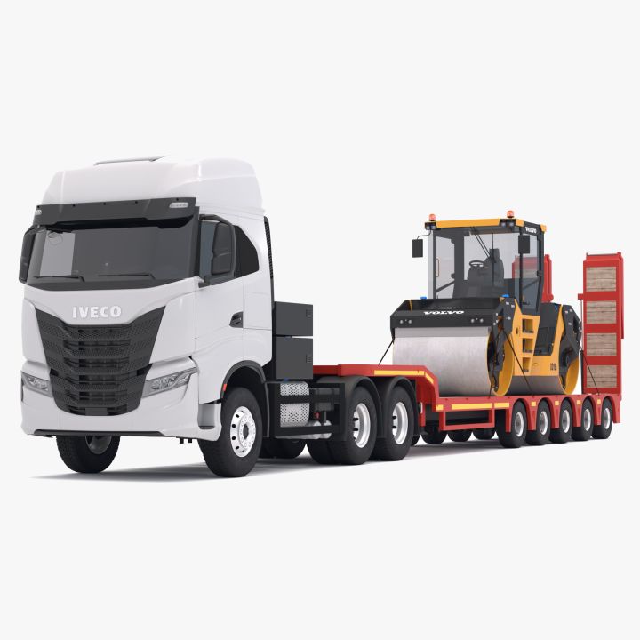 Iveco S-WAY Tractor and Lowboy Trailer with Volvo DD105 Road Roller Compactor 3d models